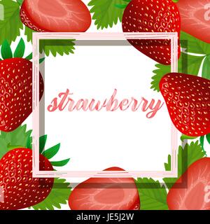 Vektor-Karte mit bunten Erdbeeren auf weißem Hintergrund und quadratischen Rahmen. Design für Dessertkarte mit Erdbeere, Naturkosmetik, Körper Pflege produ Stock Vektor