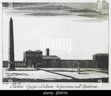 Das Bild zeigt Cosimo Comidas' Darstellung des Obelisken von Theodosius und der Schlangensäule in Istanbul, die wichtige antike Denkmäler im historischen Hippodrom der Stadt sind. Der Obelisk aus Ägypten und die Schlangensäule, ein Symbol des griechischen Erbes, sind wichtige archäologische und historische Wahrzeichen. Stockfoto