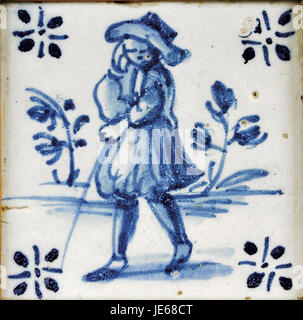 Dieses Bild zeigt eine Azulejo-Kachel, die einen Mann mit einem Stock darstellt, ein gängiges Element der portugiesischen Kunst. Azulejos sind bemalte Keramikfliesen, die oft in dekorativen Mustern verwendet werden und verschiedene Szenen aus dem täglichen Leben oder historische Figuren darstellen. Stockfoto