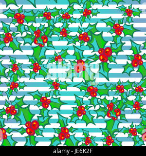 Zweig der Stechpalme auf gestreift blau-weißen Hintergrund. handgezeichnete Gestaltungselement für Grußkarte, Stoff, Geschenkpapier. Stechpalme mit Beeren. Weihnachten Stockfoto