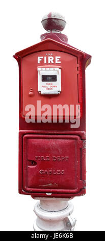 Vintage Red Fire Alarm Fenster isoliert. Stockfoto