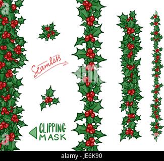 Holly Grenzen und Girlanden. Vektor handgezeichnete Design-Elemente, für Weihnachten und Neujahr Grußkarte oder Banner gesetzt. Holly Berry, isoliert auf w Stock Vektor