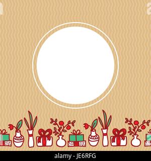 Nahtlose Grenze mit Blumen, Geschenk-Box, Vase mit Holly. Weihnachten oder Neujahr Grußkarten-Vorlage mit weißer Kreis. Frohe Weihnachten und glückliches neues Stock Vektor
