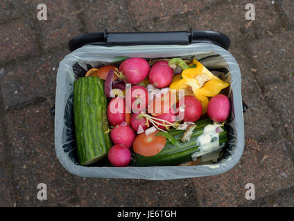 Lebensmittelkaddy, Küchenabfälle zum Zusammenstellen des Deckels offen, mit kompletter kompostierbarer Recycling-Tasche auf der Zufahrt aus Ziegelsteinen in Bury lancashire uk Stockfoto