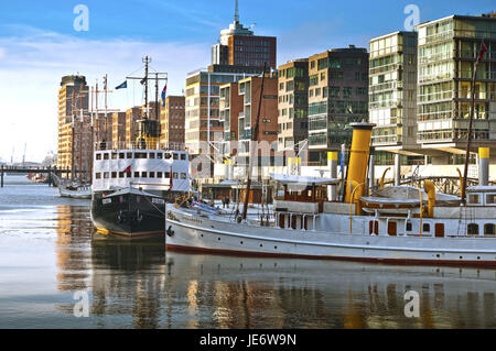 Deutschland, Hamburg, Hafen, Stadt, Sand Ziel Kai, Sand Ziel Hafen, Kai Dalmann, Architektur, historische Schiffe "Stettin" und "Schaarhörn" Stockfoto