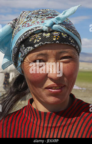 Mongolei, extreme West Provinz, Provinz Bayan Ölgii, Tsambagarav Nationalpark, Kasachen, Nomad Unterstützung, Frau, Porträt, Stockfoto