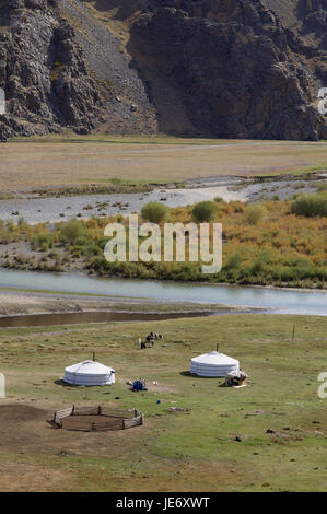 Mongolei, Zentralasien, Ovorkhangai Provinz, historische Orkhon-Tal, UNESCO-Welterbe, Orkhon Fluss, Nomad, Support, Jurten, Stockfoto