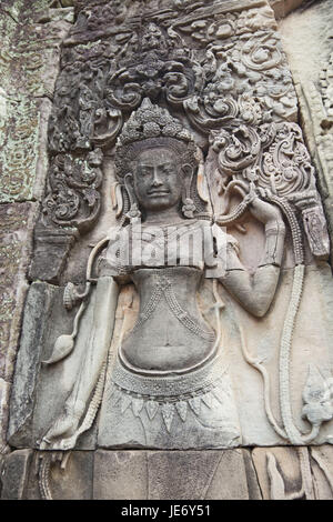 Kambodscha, Siem Reap, Angkor Thom, Bayon Tempel, Vorschlagnote, Relief, Darstellung, Apsara Tänzerin, Stockfoto