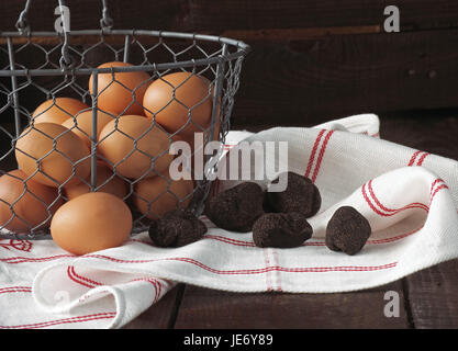 Geflügel, Eiern, Perigord Trüffel, schwarze Trüffel, Tuber Melanosporum, Pilze, Stockfoto