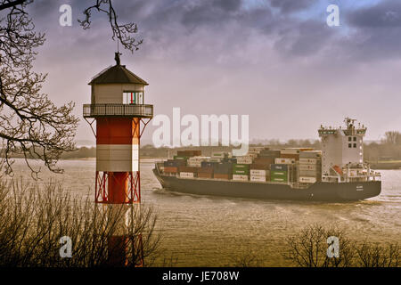 Deutschland, Hamburg, Fissuren, Elbe, Leuchtturm, Containerschiff, Stockfoto