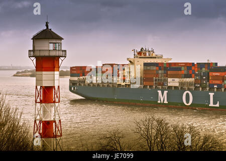 Deutschland, Hamburg, Fissuren, Elbe, Leuchtturm, Containerschiff, Stockfoto