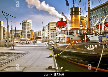 Deutschland, Hamburg, Hafen, Stadt, Sand Ziel Quay, Sand Ziel Hafen, Kai Dalmann, Magellan-Terrassen, Architektur, historische Schiff "Stettin", Stockfoto