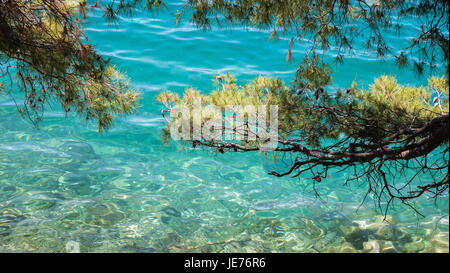 Türkisblaue Wasser der Malo Jezero der kleinere der beiden Binnenmeer Seen auf der Insel Mljet an der dalmatinischen Küste in Kroatien Stockfoto