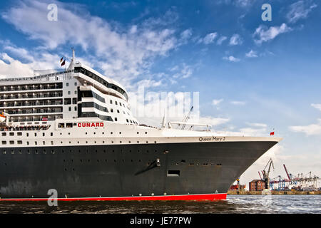 Deutschland, Hamburg, Elbe, Queen Mary, Hafen, Tourist, Altona, Fisch Markt, Attraktion, Besucher, Person, Fehler, Cunard, Elbufer, Elbverlauf, Event, Fluss, Freizeit, Freizeitaktivitäten, Freizeit Zeit Unterhaltung, Kreuzritter, Großveranstaltung, Hafen, Attraktion, Kreuzfahrt, Kreuzfahrtschiff, Kreuzfahrt-Terminal, Luxusliner, Tag, Luxus-Kreuzfahrtschiff, Person, Schiff, Schiff-Bug, Schiff Detail, Sehenswürdigkeit, touristische Attraktion, Stockfoto