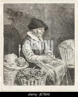 Dieses Kunstwerk mit dem Titel „Oude vrouw boontjes doppend“ von L.B. Coclers zeigt eine ältere Frau, die Bohnen beschießt, die 1780 gemalt wurde. Das Stück ist im Rijksmuseum Amsterdam untergebracht und zeigt den Alltag des 18. Jahrhunderts. Stockfoto