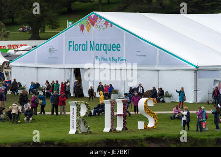 RHS Chatsworth Flower Show (Eingang zum großen floralen Festzelt Zelt & Menschen in ihrer Freizeit zu Fuß & sitzen - Chatsworth House, Derbyshire, England, UK. Stockfoto