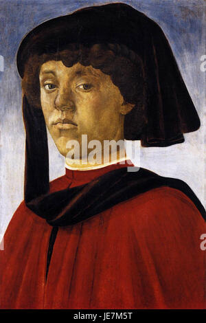 Ein Porträt, das Sandro Botticelli zugeschrieben wird und einen jungen Mann in Renaissancebekleidung zeigt. Das Porträt unterstreicht Botticellis Geschick in der Darstellung menschlicher Figuren mit zarten Merkmalen und sanftem Ausdruck, typisch für seinen künstlerischen Stil. Stockfoto