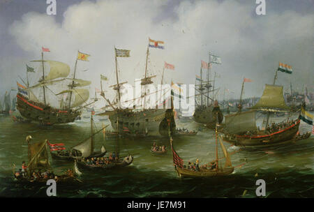 Andries van Eertvelt - die Rückkehr nach Amsterdam der zweiten Expedition nach Ostindien am 19. Juli 1599 Stockfoto