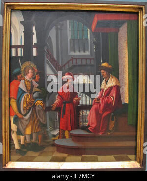 „Presentazione di San Floriano“ von Albrecht Altdorfer ist ein um 1520 entstandenes Renaissance-Gemälde. Das Kunstwerk stellt die religiöse Szene der Präsentation des heiligen Florian dar und zeigt Altdorfers Meisterschaft in der Kombination detaillierter Landschaften und heiliger Bilder. Stockfoto