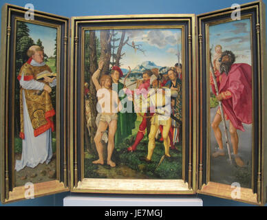 Dieses Kunstwerk von Hans Baldung Grien mit dem Titel „Martirio di Santo Sebastiano“ aus dem Jahr 1507 zeigt das Martyrium des heiligen Sebastian mit anderen Heiligen wie Stephan, Christoph, Apollonia und Dorothy. Das Gemälde spiegelt religiöse Themen wider, die in der Renaissance üblich waren, und zeigt die dramatische Darstellung der Heiligen. Stockfoto