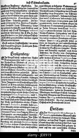Dieses Bild stammt von „de Merian Sueviae“, einem historischen oder geografischen Werk, das sich auf die Region Schwaben in Deutschland konzentriert. Es kann Karten, Beschreibungen oder andere Formen der Dokumentation enthalten, die sich auf die Geschichte und Kultur des Gebiets beziehen. Stockfoto