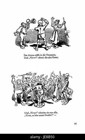 Diese Seite der „Busch Werke“ zeigt ein Stück aus der Serie, das sich mit historischen oder kulturellen Themen befasst, wie sie durch das Werk des Künstlers Busch dargestellt werden. Stockfoto