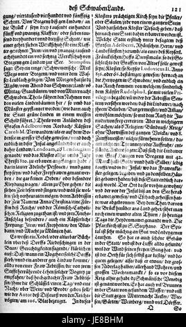 Dieses Bild zeigt Seite 165 aus „de Merian Sueviae“, einem historischen und geografischen Werk von Matthäus Merian. Das Buch dokumentiert die Regionen Schwabens in Süddeutschland mit den Schwerpunkten Landschaften, Städte und Kulturerbe. Stockfoto