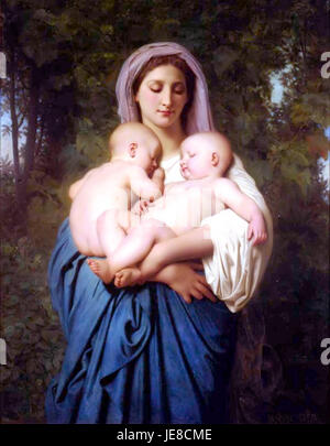 „Charity“ (1859), ein Gemälde von William-Adolphe Bouguereau, zeigt das Thema des Mitgefühls durch eine allegorische Figur, die Kinder hält, und veranschaulicht die Fertigkeit des Künstlers in Realismus und emotionalem Ausdruck. Stockfoto