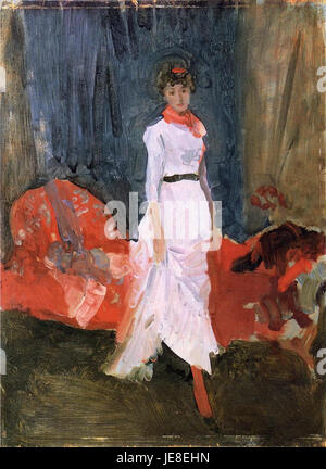 Dieses Gemälde von James Abbott McNeill Whistler aus dem Jahr 1887 mit dem Titel „Arrangement in Pink, Red, and Purple“ ist ein Beispiel für die Erforschung von Farbbeziehungen durch den Künstler, wobei er sich auf subtile Farbtöne und die emotionale Kraft der Farbe in der visuellen Komposition konzentriert. Stockfoto