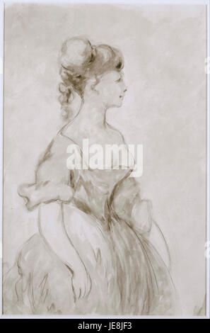 Lady in Crinoline ist ein Werk von Constantin Guys, einem französischen Künstler, der für seine Darstellungen von modischen Frauen im 19. Jahrhundert bekannt ist. Das Gemälde fängt eine Frau in einem raffinierten Krinolinkleid ein, eine beliebte Mode dieser Zeit, die zarte Details und die Eleganz der Zeit betont. Stockfoto