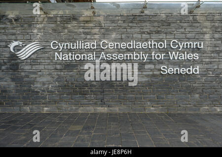 Bucht von Cardiff, Cardiff, Wales - 20. Mai 2017: Ansicht der Nationalversammlung Signage, Senedd in Walisisch und Englisch. Stockfoto