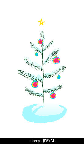 Weihnachtsbaum mit Kugel Dekorationen, Hand gezeichnete Design-Element. Doodle-Illustration für Poster oder Grußkarte Stockfoto