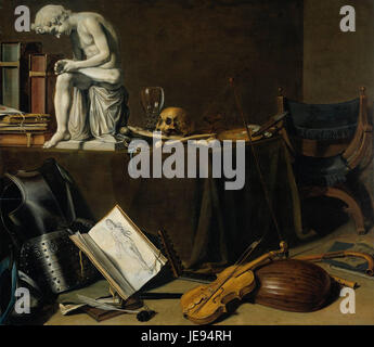 Pieter Claeszoons Vanitas-Gemälde fängt eine zeitlose Reflexion über die Sterblichkeit und die flüchtige Natur des Lebens ein. Übliche Symbole wie Schädel, Sanduhren und verfallende Blumen vermitteln die Vergänglichkeit von Reichtum, Wissen und irdischen Freuden. Stockfoto