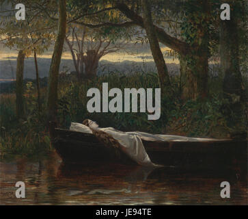 Walter Cranes „die Dame von Shalott“ ist eine viktorianische Illustration, die auf Alfred Lord Tennysons Gedicht basiert. Es zeigt die tragische Figur der Lady von Shalott, die auf einem Turm gefangen ist und ihr Netz webt, während sie Sir Lancelot in der Ferne anblickt. Stockfoto