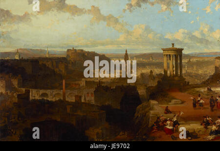 David Roberts’ Gemälde „Edinburgh from the Calton Hill“ aus dem Jahr 1858 zeigt die Skyline von Edinburgh mit Wahrzeichen wie dem Palace of Holyrood House, Abbey Kirk und Salisbury Crags unter einem bewölkten Himmel. Stockfoto