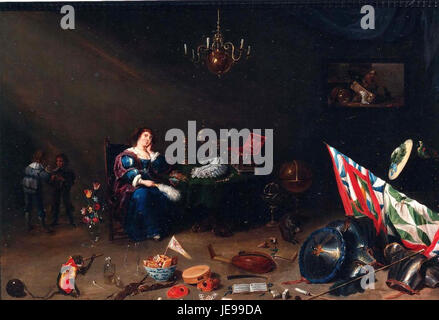 David Teniers das Gemälde „Vanitas“ ist ein Gemälde aus dem 17. Jahrhundert, das das Thema Sterblichkeit und Vergänglichkeit des Lebens thematisiert. Die Stillleben-Komposition enthält symbolische Objekte wie einen Schädel, Sanduhr und verblasste Blumen, um die Kürze des Lebens zu reflektieren. Stockfoto