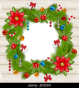 Abbildung Weihnachten mit traditionellen Elementen auf hölzernen Hintergrund Rahmen- Stockfoto