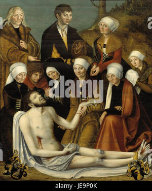 Dieses Gemälde, das der Schule von Lucas Cranach zugeschrieben wird, zeigt die Klage Christi, ein gemeinsames Thema in der christlichen Kunst. Die Szene zeigt den Körper Christi, der von seinen Anhängern beweint wird und intensive Trauer und Trauer zeigt. Stockfoto