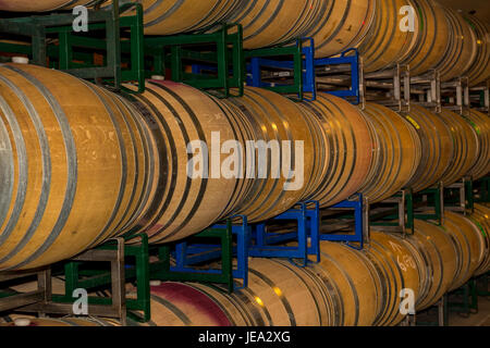 Französischer Eiche Wein-Fässer, Weingärung, Gärung Bereich Failla Winery, St. Helena, Napa Valley, Napa County, Kalifornien Stockfoto