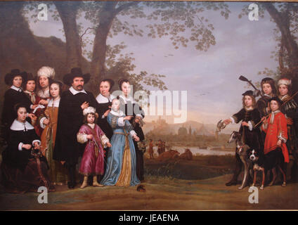 Aelbert Cuyps „Porträt der Sam-Familie“ zeigt eine wohlhabende niederländische Familie und zeigt die Meisterschaft des Künstlers in der Darstellung von Figuren mit sanfter Beleuchtung und reichen Details, typisch für das Goldene Zeitalter des 17. Jahrhunderts. Stockfoto