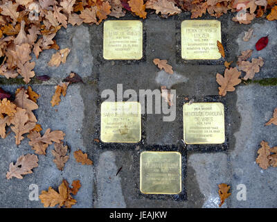 Die Stolpersteine im Musselkanaal, Schoolstraat 56, erinnern an die Opfer des Holocaust. Diese kleinen Denkmäler werden vor den Häusern von Personen platziert, die während des Zweiten Weltkriegs deportiert wurden und dienen als Erinnerung an die Gräueltaten. Stockfoto