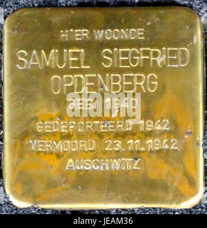Stolpersteine oder „Stolpersteine“ sind kleine Gedenkstätten, die im Bürgersteig zum Gedenken an die Opfer des Holocaust platziert werden. Dieser besondere Stein in der Handelsstraat 43 im Stadskanaal erinnert an die tragische Geschichte und die im Zweiten Weltkrieg verlorenen Individuen Stockfoto