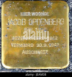 Ein Bild von Stolpersteinen auf der Handelsstraat 43 im Stadskanaal, Niederlande, zum Gedenken an die Opfer des Holocaust. Die Steine sind in den Bürgersteig als Gedenkstätten für Personen eingebettet, die während des Zweiten Weltkriegs ums Leben kamen Stockfoto