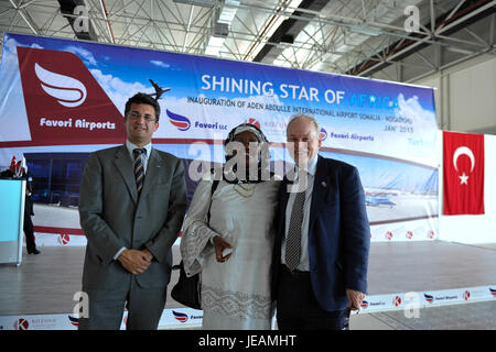 Am 25. Januar 2015 besuchte der türkische Präsident Recep Tayyip Erdoğan Somalia, um die diplomatischen und wirtschaftlichen Beziehungen zwischen den beiden Nationen zu stärken. Ziel des Besuchs war es, Somalias anhaltende Erholung und Entwicklung nach Jahren des Konflikts zu unterstützen. Stockfoto