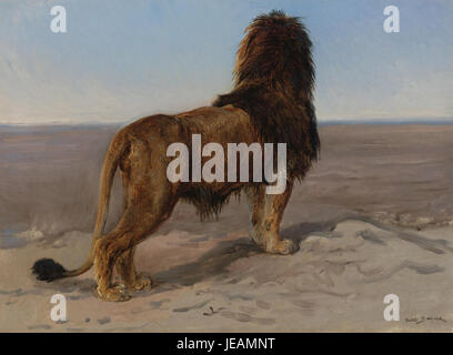 Rosa Bonheurs Gemälde „Lion (the Look Out)“ zeigt einen Löwen, der auf einem hohen Aussichtspunkt steht und die Landschaft untersucht. Das Kunstwerk zeigt Bonheurs Geschick, Tierformen darzustellen und ihr natürliches Verhalten einzufangen. Stockfoto