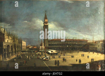 Antonio Canals Gemälde „Vue de la Place Saint Marc“ zeigt die berühmte Piazza San Marco in Venedig, Italien. Das Kunstwerk zeigt die architektonische Schönheit und geschäftige Atmosphäre dieses berühmten Platzes und fängt die Pracht und das pulsierende Leben des Ortes ein. Stockfoto