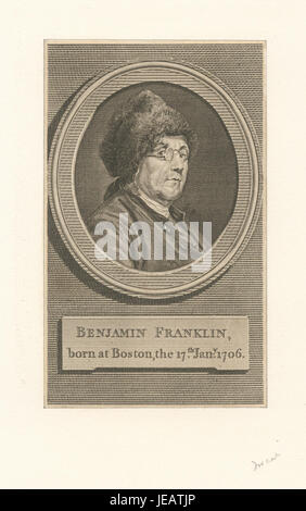 Dieses Bild von Benjamin Franklin, geboren am 17. Januar 1706 in Boston, stellt einen der Gründungsväter Amerikas dar. Franklin war ein Universalgelehrter, der für seine Beiträge zu Wissenschaft, Diplomatie und Politik bekannt war und eine bedeutende Rolle in der amerikanischen Revolution spielte. Stockfoto