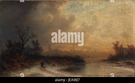 Dietrich Langko, ein Künstler aus dem 19. Jahrhundert, ist bekannt für sein Gemälde „Zimni krajina“ (Winterlandschaft), das eine ruhige Winterszene mit schneebedeckten Bäumen und einer ruhigen, ruhigen Atmosphäre darstellt. Stockfoto