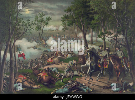 Die Schlacht von Chancellorsville, die 1863 während des Amerikanischen Bürgerkriegs ausgetragen wurde, war ein bedeutender Sieg der Konföderierten unter General Robert E. Lee. Die Schlacht ist bekannt für ihre strategische Brillanz und den Verlust von General Stonewall Jackson, der durch ein Freundschaftsfeuer verletzt wurde. Stockfoto