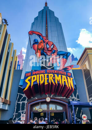 ORLANDO, USA, FLORIDA - 5. Januar 2017: Eingang die erstaunlichen Abenteuer von Spider Man, Marvel Super Hero Island, Islands of Adventure der Universa Stockfoto